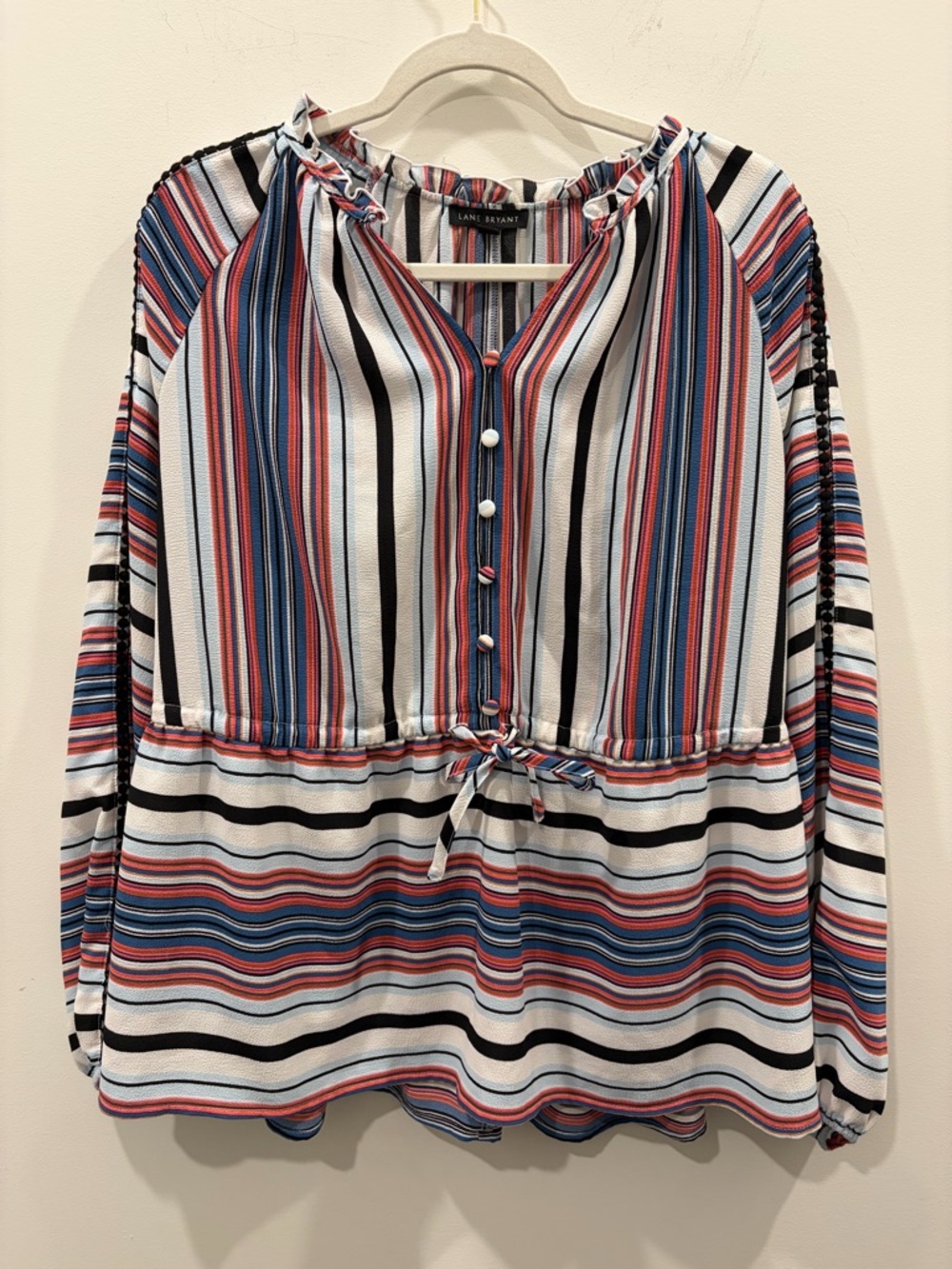 Lane Bryant Multi-Stripe Button-Front Peasant Blouse in White, Blue & Red